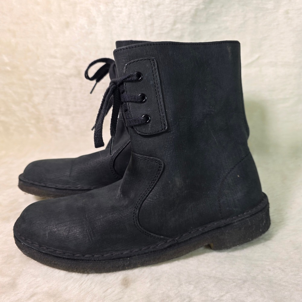 Clarks Desert High Ankle Boot Black Raw Leather Lace Up Side Zip Womens 7